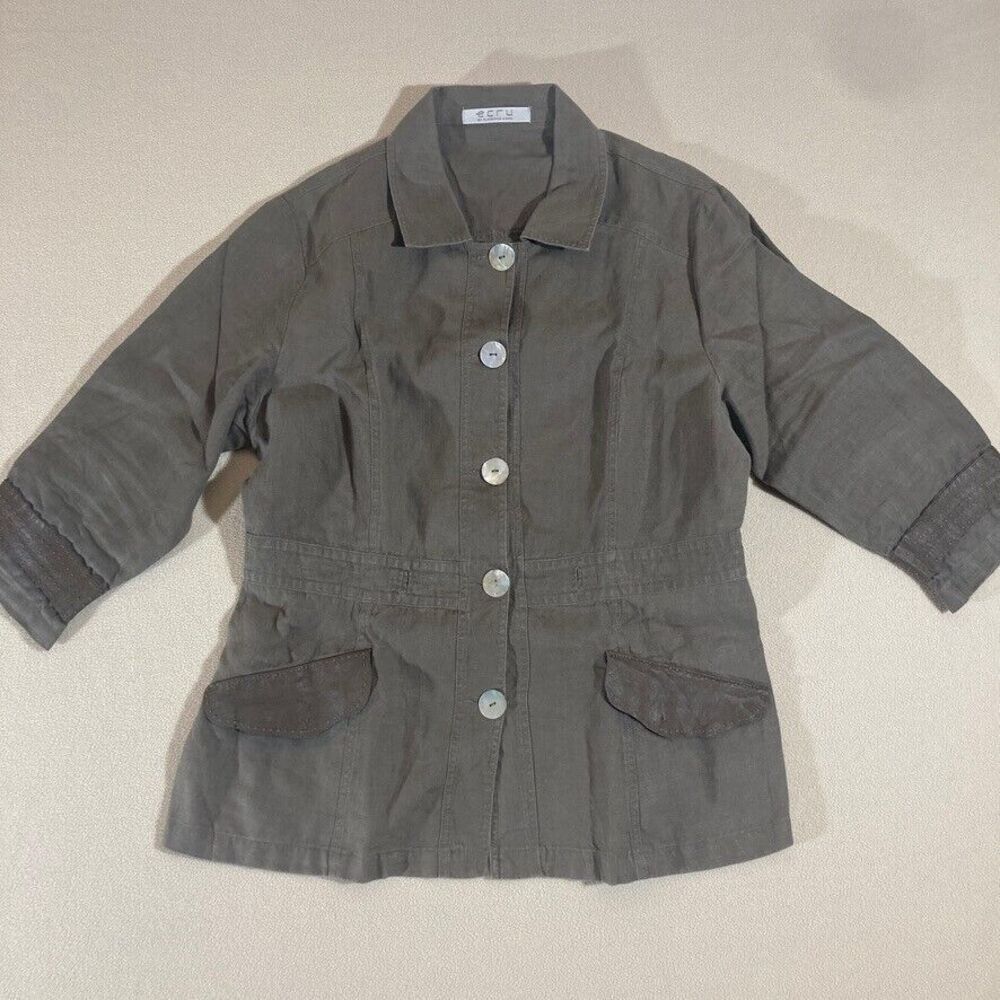 Florence Korn for Ecru Linen Jacket Sz 48 Brown Leather Accents‎ Lagenlook Artsy